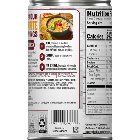 19 oz (Pack 12) Campbells Chunky White Bean Chicken Chili, Can