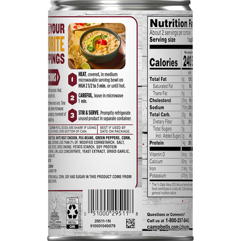 19 oz Campbells Chunky White Bean Chicken Chili, Can