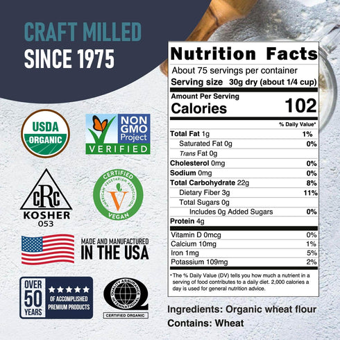 5 Lb Great River Milling Organic Whole Wheat Flour | Unbleached & Unbromated | High Protein & Fiber | Non-GMO, Kosher |