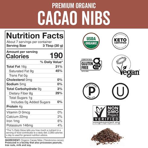 Viva Naturals Organic Cacao Nibs, 8 oz - Keto Friendly, Unsweetened Chocolate Chip Substitute