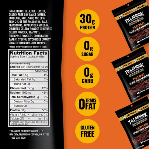 Country 2.14 Oz (3 Pack) Tillamook Beef Jerky, Smoker PRO Edition, Zero Sugar Teriyaki, Real Hardwood Smoked Fresh
