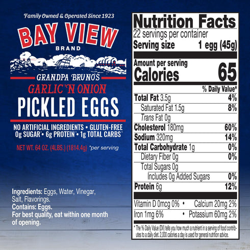 0g 6g (64oz, Bay View Pickled Eggs, No Artificial Ingredients, Gluten Free, Sugar, Protein, Fresh Grade A Eggs, Boiled
