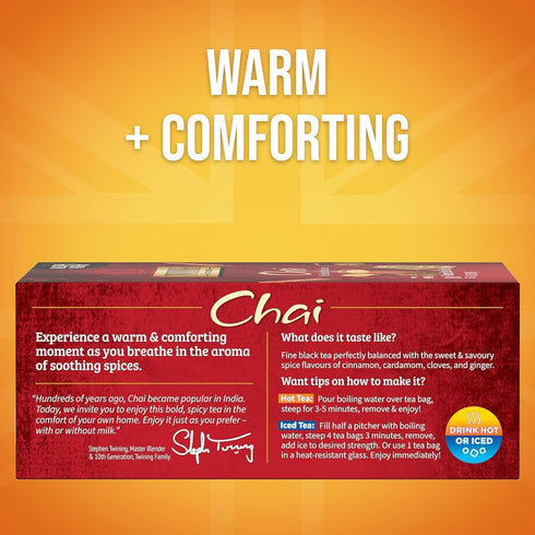 100 Count (Pack 1), 100 Twinings Chai Black Tea Individually Wrapped Bags, of Richly Blended with Warm Spices