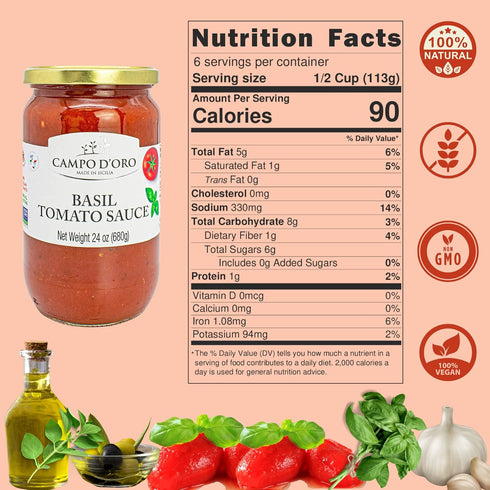24oz, 100% CAMPO D'ORO - Italian Tomato Spaghetti Sauce with Basil, Pasta and Pizza Sauce, Made in Sicily Italy