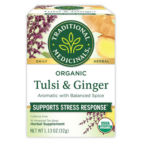 Traditional Medicinals Organic Tulsi & Ginger Tea, 16 Tea Bags, Relieves Stress, Tension, & Irritability