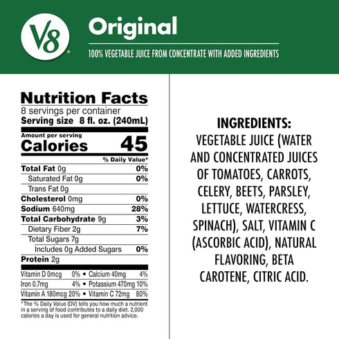 V8 100% 64 (Pack 6) Original Vegetable Juice, Vegetable Blend with Tomato Juice, Ounce Bottle