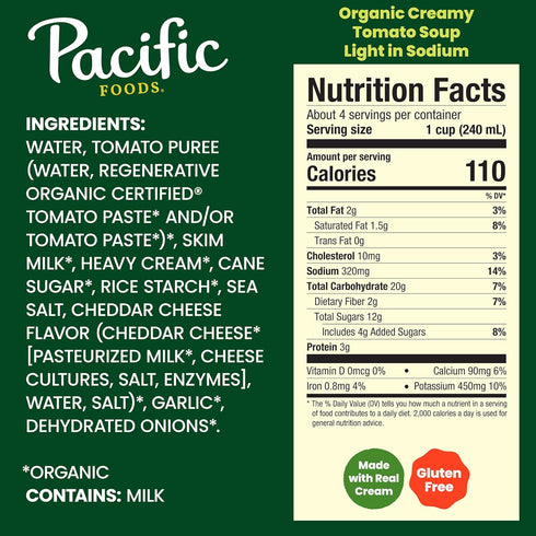 32 oz (Pack 4) Pacific Foods Organic Creamy Light in Sodium Tomato Soup, Carton