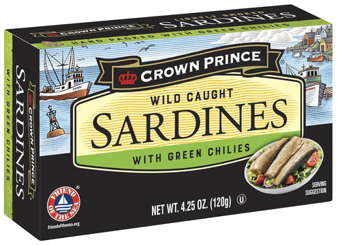 Crown Prince Sardines with Green Chilies, 4.25-Ounce Cans (Pack of 12)