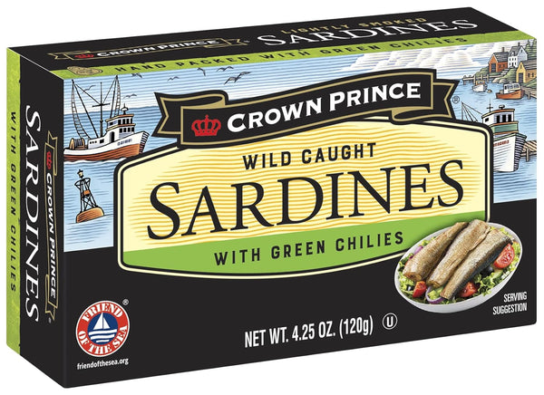Crown Prince Sardines with Green Chilies, 4.25-Ounce Cans (Pack of 12)