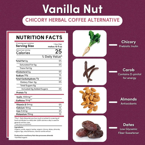11 (Pack 3) Teeccino Vanilla Nut Chicory Coffee Alternative - Ounce - Ground Herbal Coffee Thats Prebiotic, Caffeine