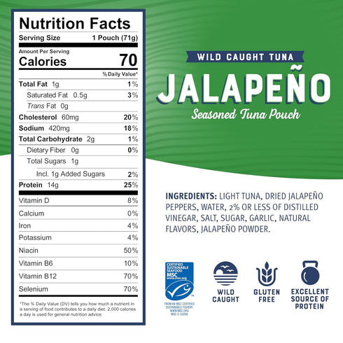 14g 2.5 oz Packet (Pack 12) Bumble Bee Jalapeno Seasoned Tuna Pouch - Wild Caught and Ready to Eat for Snack, Salad