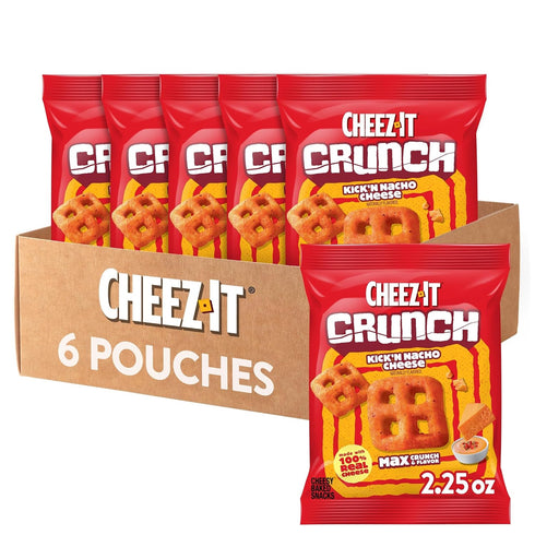 Cheez-It Crunch Cheesy Baked Snacks, Lunch Snacks, Kick'n Nacho Cheese (6 Pouches)