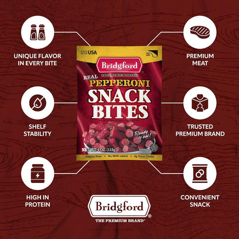 4 oz Pack 3 Bridgford Pepperoni Snack Bites of - Ready-to-Eat Pepperoni Snacks for On-The-Go Snacking - Pork and Beef