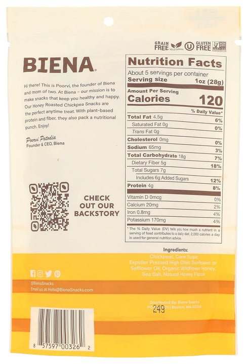 5 Biena Foods, Chickpea Snack Roasted Honey, Ounce