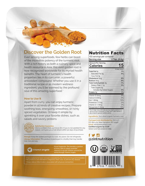 Zint Organic Turmeric Powder (16 oz) - Raw Turmeric Root Curcumin Powder for Cooking and Smoothies