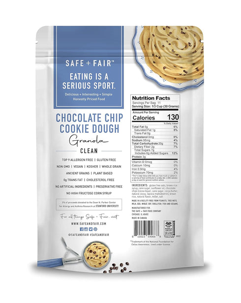 12oz Pack, 6 Pack Safe + Fair Chocolate Chip Cookie Dough Granola Gluten-Free, Dairy-Free & Vegan Snack Allergen-Free