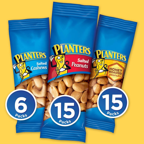 Pack, Packed (36 Count) PLANTERS Variety Salted Cashews, Salted Peanuts & Honey Roasted Peanuts, On-the-Go Nut Snacks
