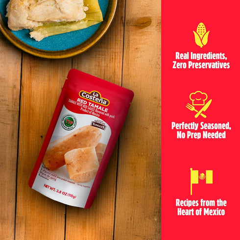 3.8 oz, 12 Pack La Costea Red Tamales - Made with Pork, Red Sauce & Masa Corn Meal - Microwavable Ready to Eat Meals No