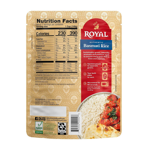 8.5 oz (Pack 4) Royal White Basmati Rice - Ready to Heat Rice - Microwavable Pouch