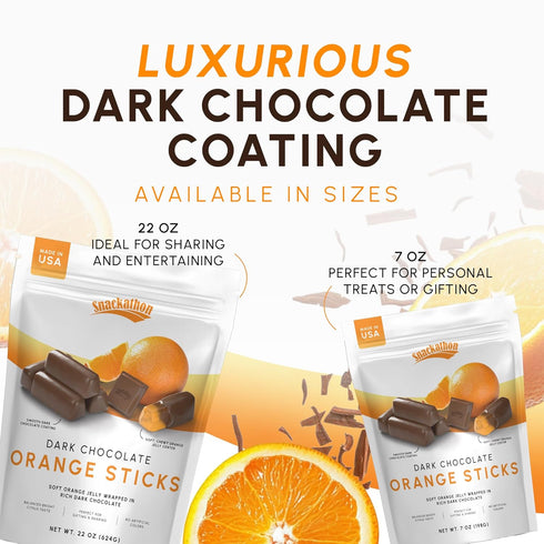 7 OZ Snackathon Dark Chocolate Orange Sticks, Resealable Bag, Soft Chewy Orange Jelly Centers Covered In Rich Dark