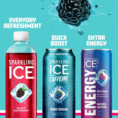 Vitamins,16 oz Sparkling Ice Caffeine, Blue Raspberry Sparkling Water with Caffeine, Zero Sugar, with Antioxidants