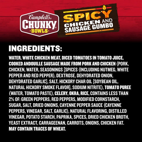 15.25 oz Campbells Chunky Soup, Spicy Chicken and Sausage Gumbo, Microwavable Bowl