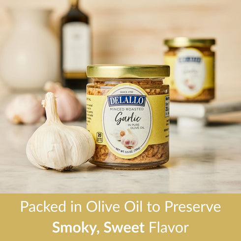 Packed 5 oz (4 Pack) DeLallo Minced Roasted Garlic, in Olive Oil to Preserve Smoky Flavor, Recipe Ready for Pasta