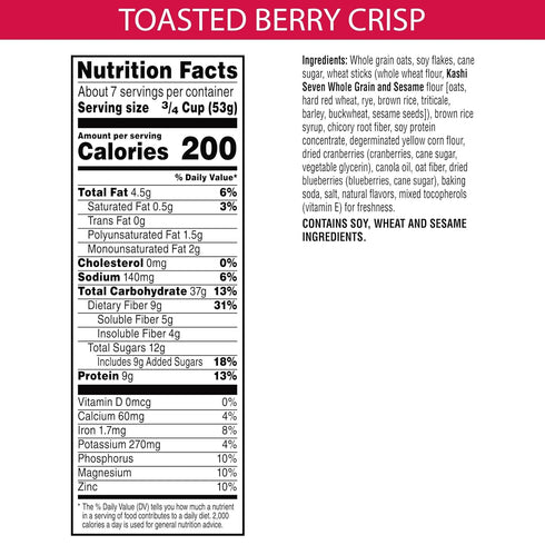 Kellogg's 14oz (1 Kashi GO Breakfast Cereal, Vegan Protein, Fiber Cereal, Toasted Berry Crisp, Box Box)