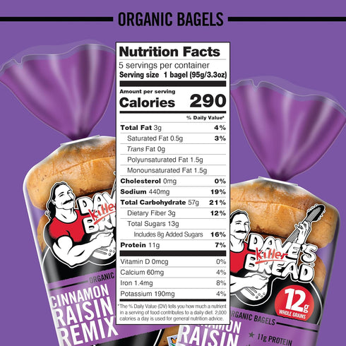5 Count Dave's Killer Bread Cinnamon Raisin Remix Bagels, Organic Cinnamon Raisin Bagels