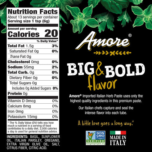 Amore (Pack 12) Vegan Fresh Herb Paste In A Tube - Non GMO Certified And Made In Italy