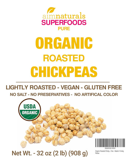 2 LB- Organic Roasted Chickpeas USDA Organic Certified Healthy Snack, Lightly Roasted, No Oil, No Salt, No GMO & Gluten