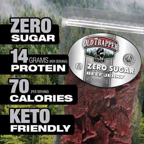 Package, 14 70 (Pack (Pack 2) Old Trapper Zero Sugar Beef Jerky, Eight-Ounce Individual Natural Wood Smoked