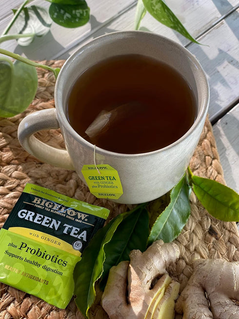Bigelow Tea Green Tea with Ginger Plus Probiotics, Caffeinated Tea, 18 Count Box (Pack of 6)
