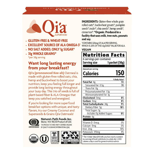 8 oz (Pack 6), Nature's Path Organic Qi'a Cinnamon Pumpkin Seed Instant Oatmeal, of Gluten Free, Non-GMO