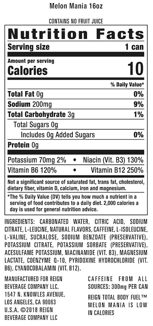 16 Oz Pack 12 Reign Total Body Fuel, Melon Mania, Fitness & Performance Drink, Fl |