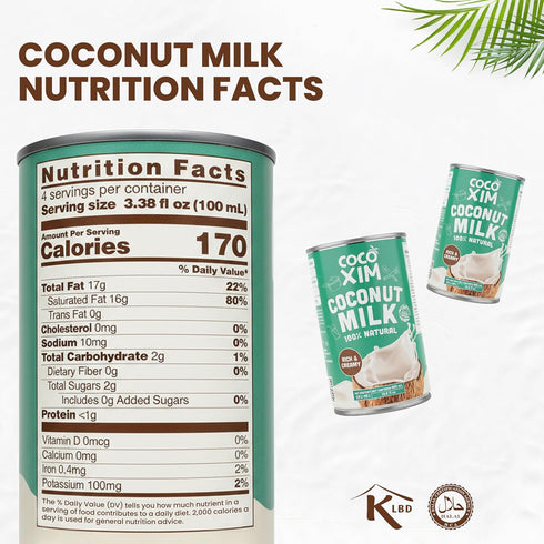 100% 400ml (Pack 12) COCOXIM Natural Coconut Milk, of | Zero Added Sugar | Rich & Creamy for Cooking | Halal & Kosher