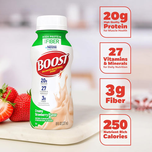 8 oz 24 Pack BOOST High Protein with Fiber Ready to Drink Complete Nutritional Drink, Creamy Strawberry, fl Bottle