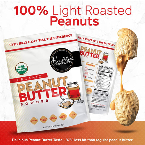 (7 oz) Healthier Comforts Organic Peanut Butter Powder | USA Grown and Processed | Gluten Free, Vegan, Kosher