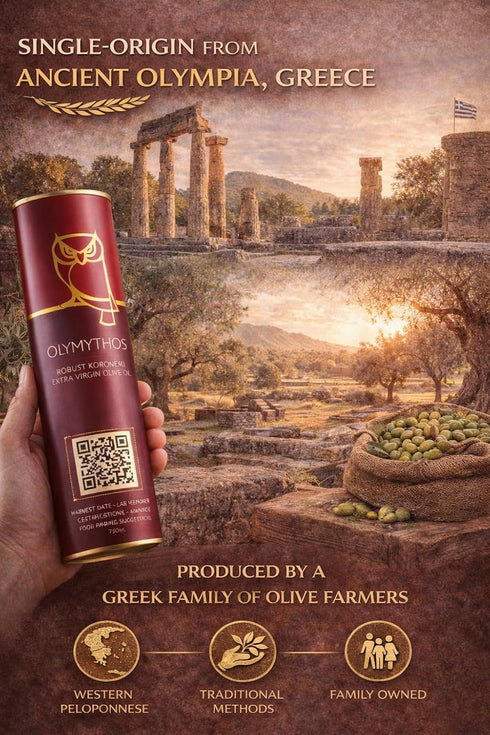 The Olive Temple (558 60X 750 ml (25.36 oz) OLYMYTHOS Koroneiki Robust Extra Virgin Olive Oil - Polyphenol Rich MG/KG)