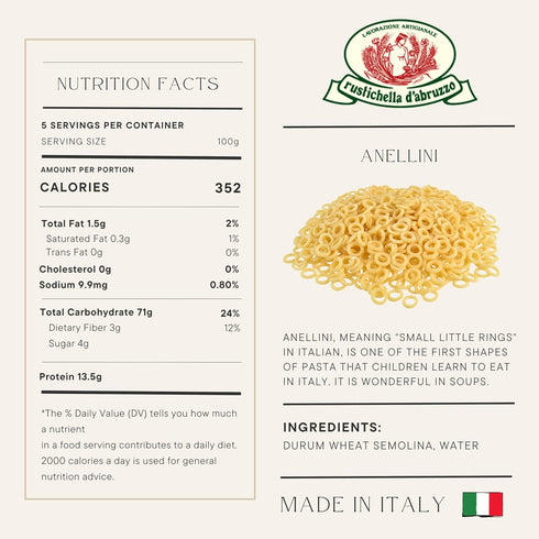 17.6 oz (2 Pack) Rustichella d'Abruzzo Durum Wheat Anellini Pasta