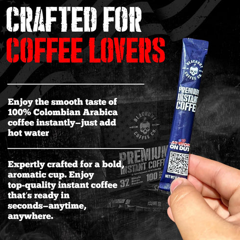 Packets 32 Count. Blackout Coffee Colombian Arabica Instant Coffee Medium Roast, Strong Aromatic, Single Serve Premium