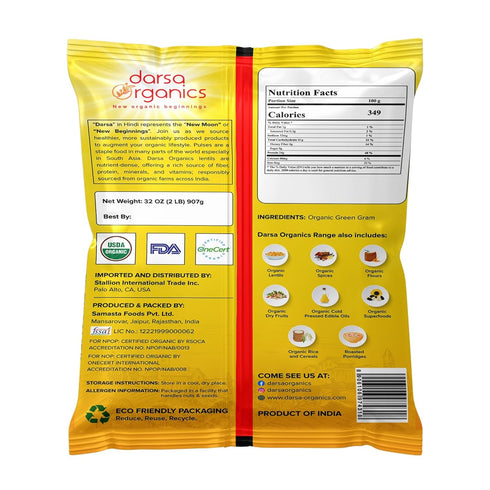 2 lb Darsa Organics Whole Green Moong (Mung) Bean Lentils USDA Organic, Non-GMO, Kosher, Gluten-Free | Protein & Fiber