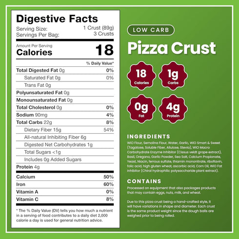 7.5" 3-Count., WiO SmartFoods Pizza Crusts, Low-Carb, Protein-Rich Pizza Dough, Keto-Friendly, Fat-Free, Delicious