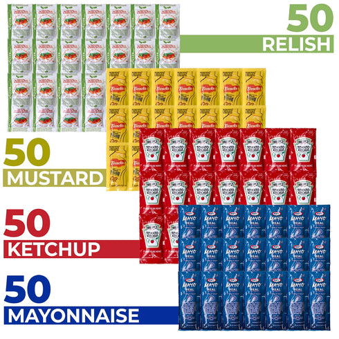 Packs 50 (200 Packets Grab-n-Go Condiment - Single Serve Pouches of Each: Ketchup, Mustard, Relish, and Mayo - Great