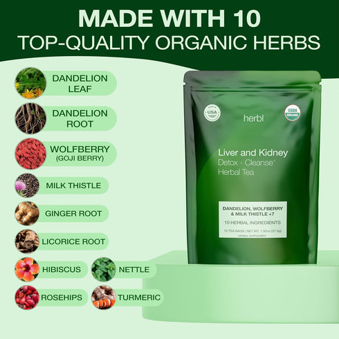 Organic Dandelion Wolfberry Tea - Kidney and Liver Detox Tea - Organic Liver Kidney Cleanse & Detox with Dandelion