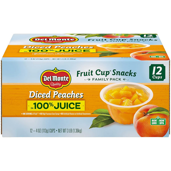 DEL MONTE Diced Peaches FRUIT CUP Snacks in 100% Fruit Juice, 12