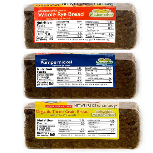 3 (1) (1) 17.6 Oz. (Pack 3) Mestemacher Natural High Fiber Bread Flavor Variety Bundle: Mestemacher Organic Three Grain