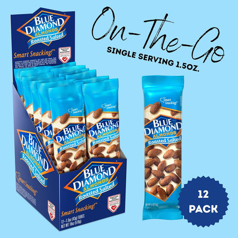 (1.5 Oz. Pack 12) Blue Diamond Almonds, Roasted Salted Flavored Snack Nuts, Single Serve Bags Tubes