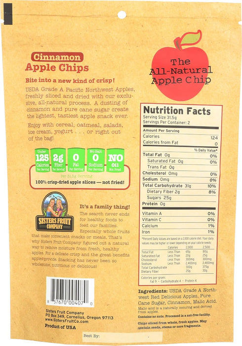 2.25 OZ. Sisters Fruit Company Apple Chips, Cinnamon Apple, All Natural, Gluten-Free, Fat-Free (Contains SIX Bags)