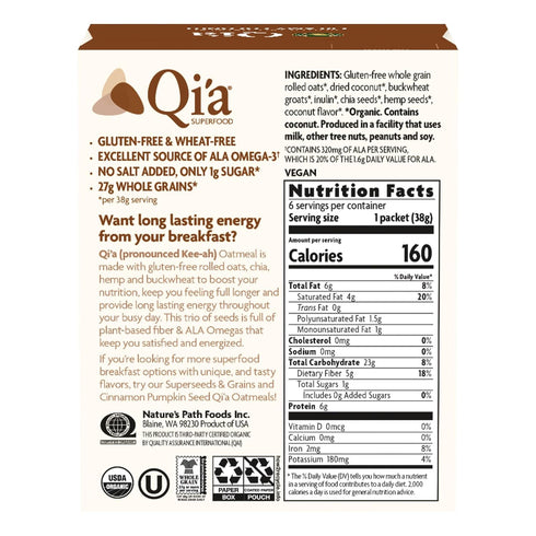 8 oz (Pack 2), Nature's Path Organic Qi'a Creamy Coconut Instant Oatmeal, of Gluten Free, Non-GMO